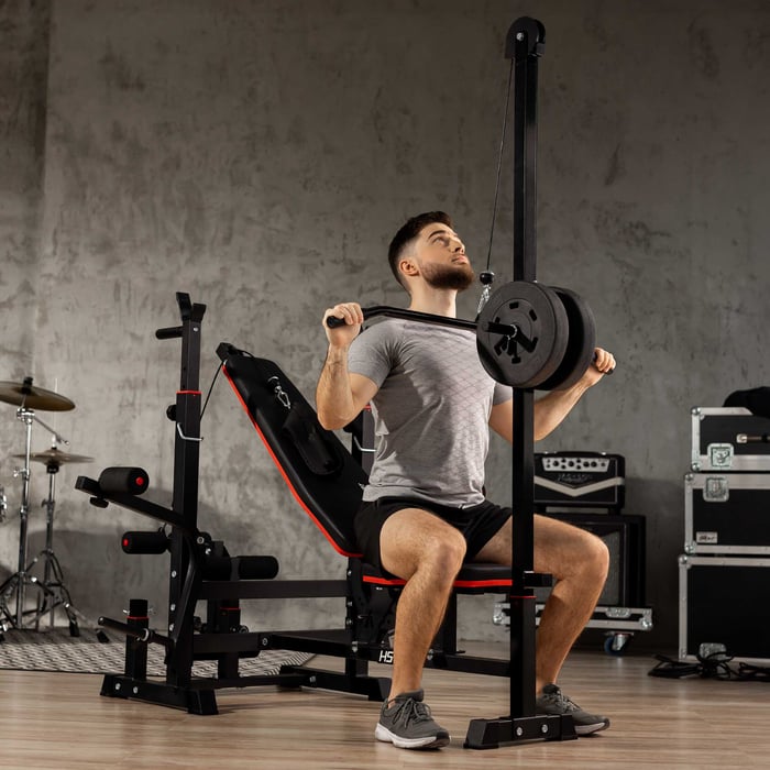 Poulie haute du banc de musculation.