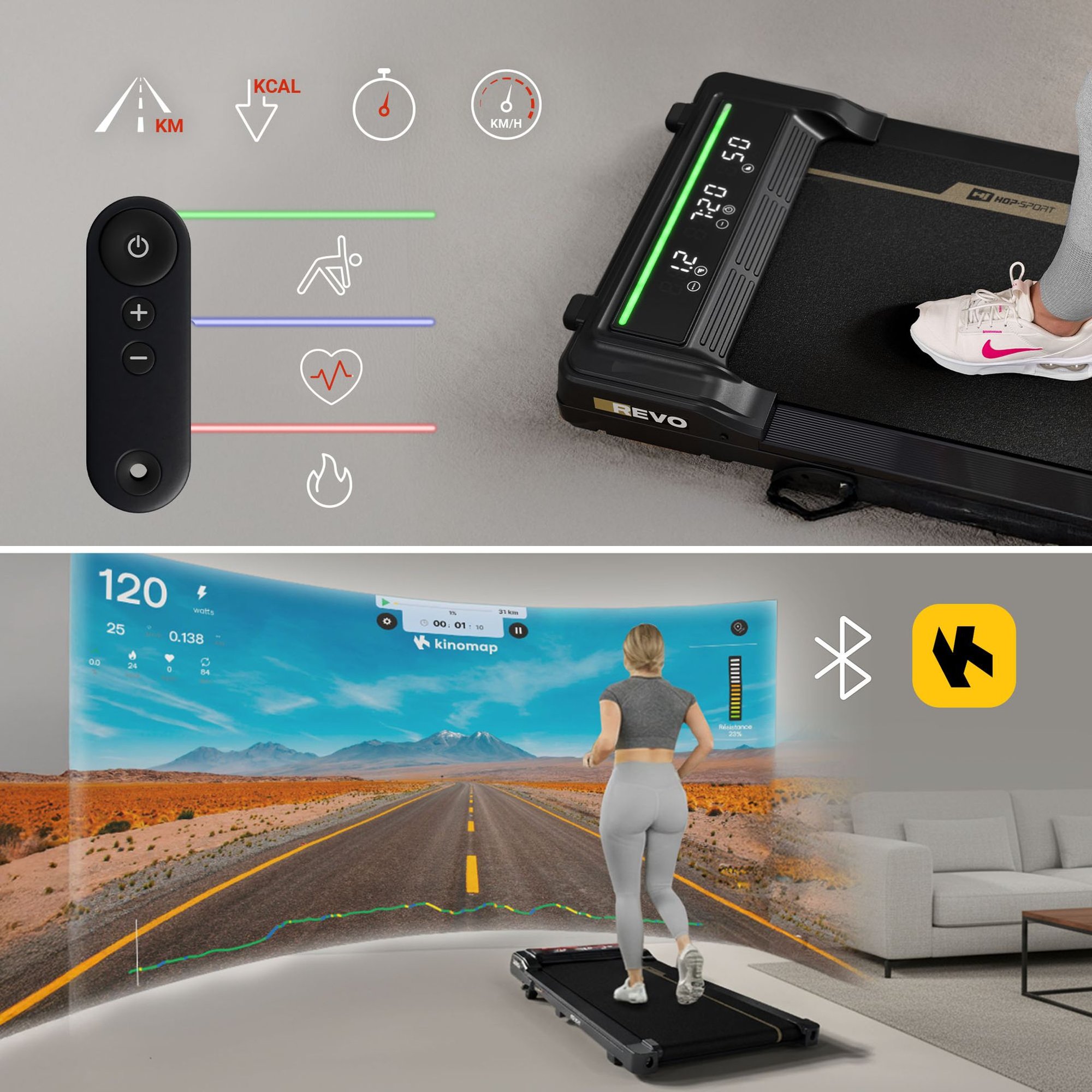 Console et télécommande du tapis de marche Revo de Hop-Sport.