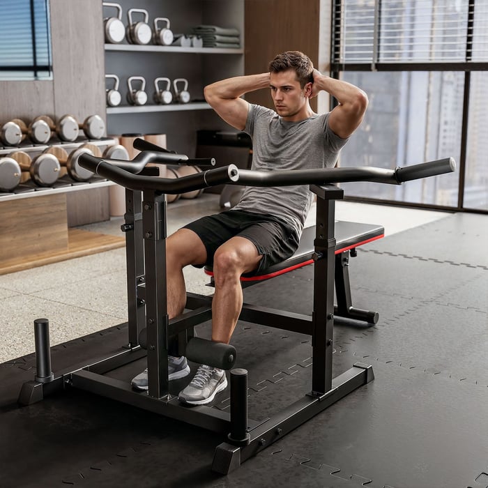 Banc réglable en inclinaison avec supports de barre ajustables tous les 3,5 cm.
