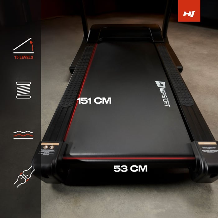 Moteur de 4,5 CV du tapis de course HS-5000LB Force, capable de vitesses de 1 à 22 km/h