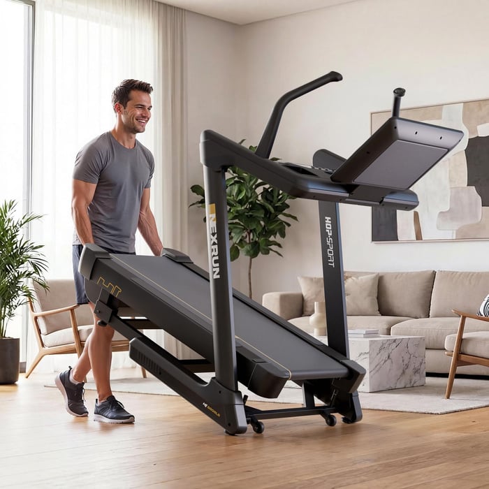 Tapis de course stable supportant 140 kg avec roulettes de transport intégrées.