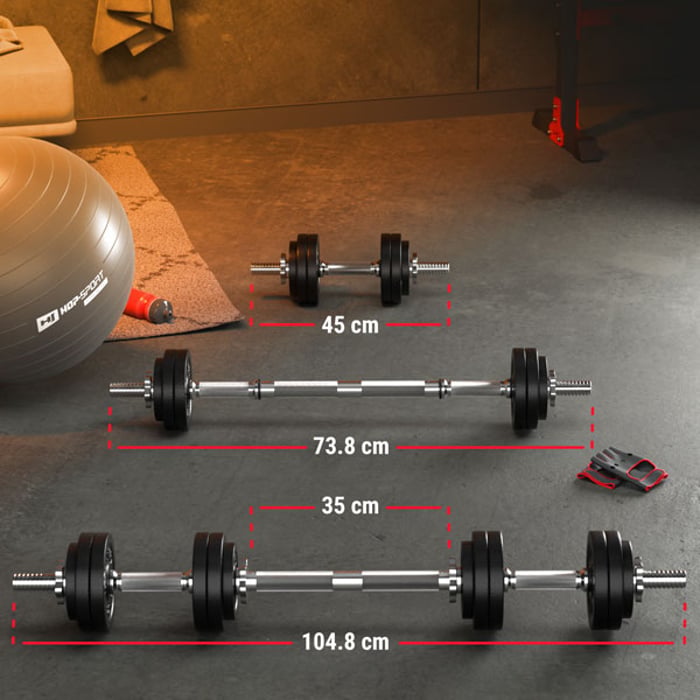 Haltères en fonte 2 × 15 kg Hop-Sport avec barres chromées moletées et gants néoprène pour entraînement complet