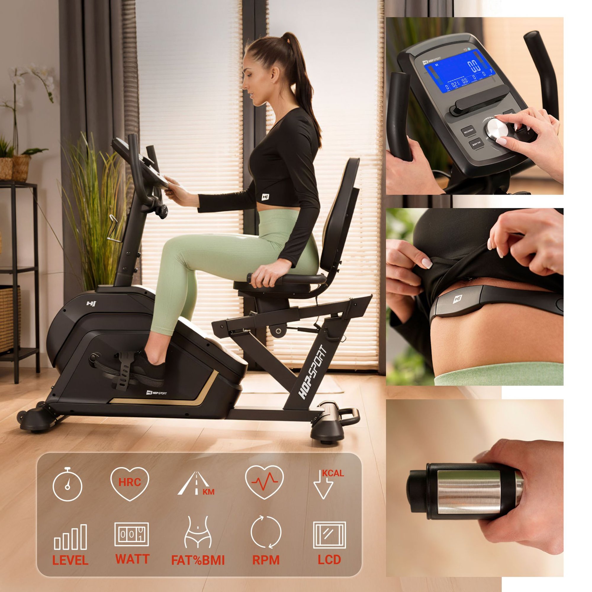 Capteurs de pouls intégrés aux poignées du vélo semi-allongé HS-120L Ravel