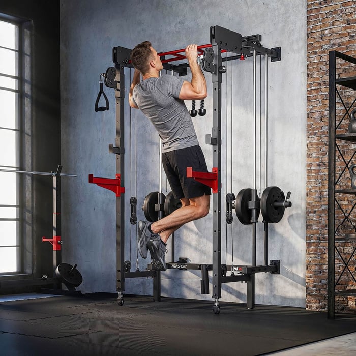 Power Rack mural complet HS-2070K avec double poulie et barre de traction.