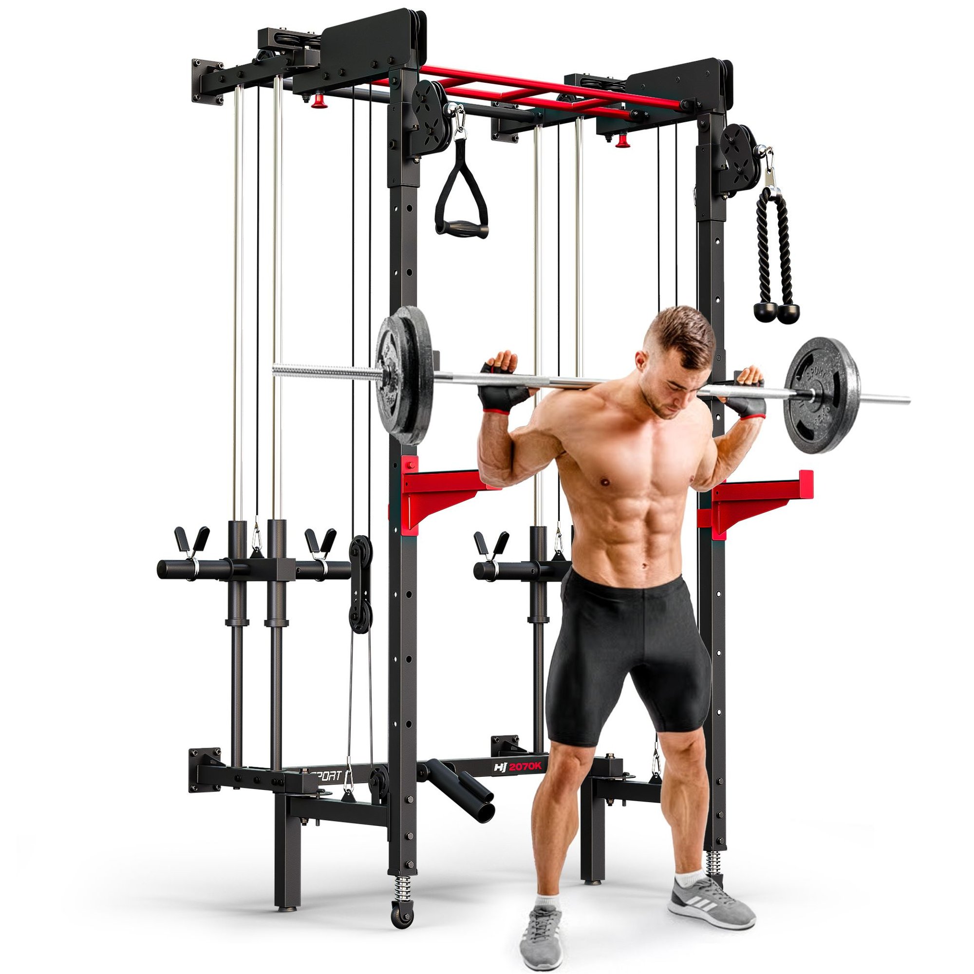 Structure robuste avec J-Hooks réglables et supports pour disques olympiques.