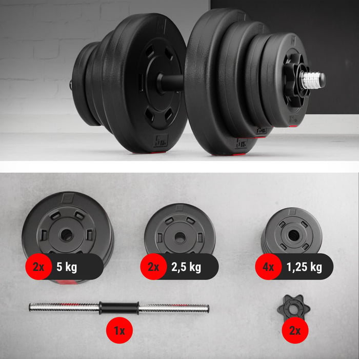 Haltère courte 1 × 20 kg en plastique avec barre chromée moletée pour entraînement complet à domicile