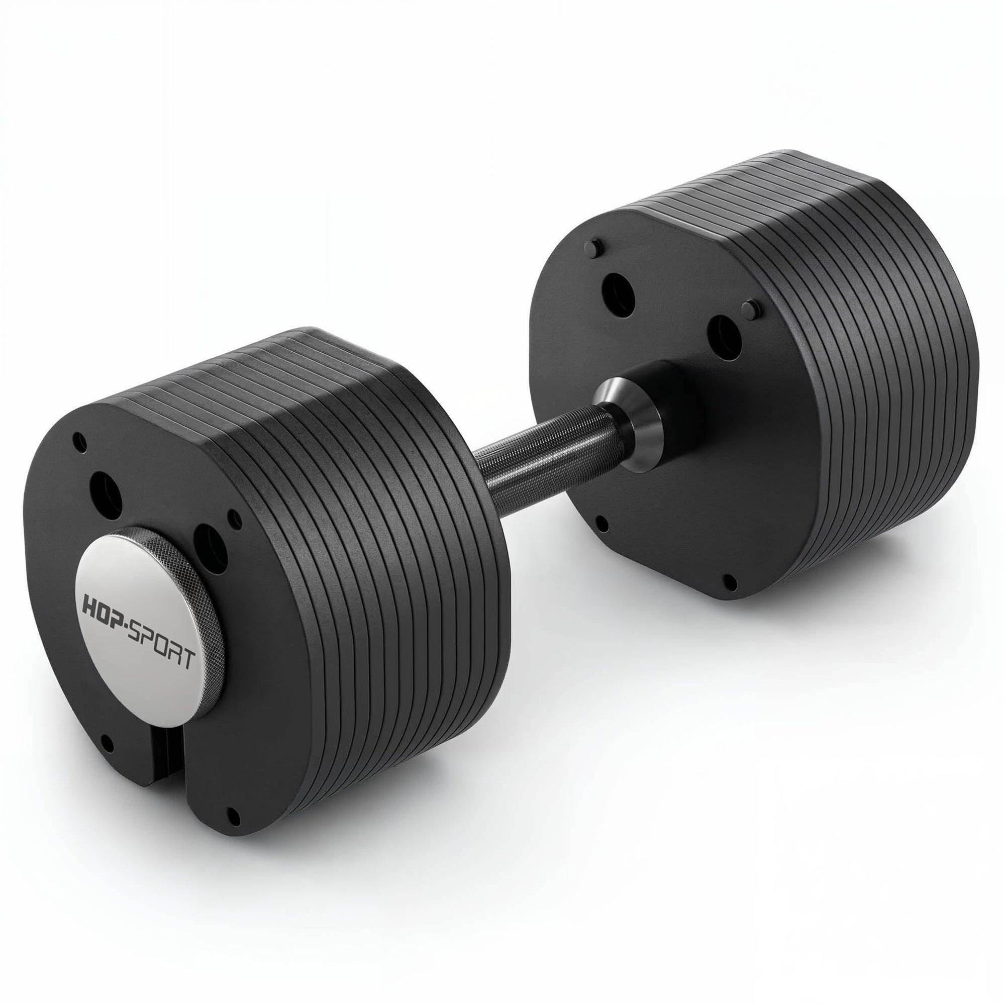 Haltère compact au design moderne avec extrémités plates pour un gain de place en home gym.