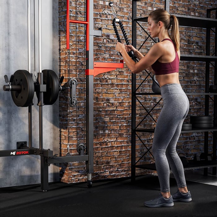 Structure robuste avec J-Hooks réglables et supports pour disques olympiques.