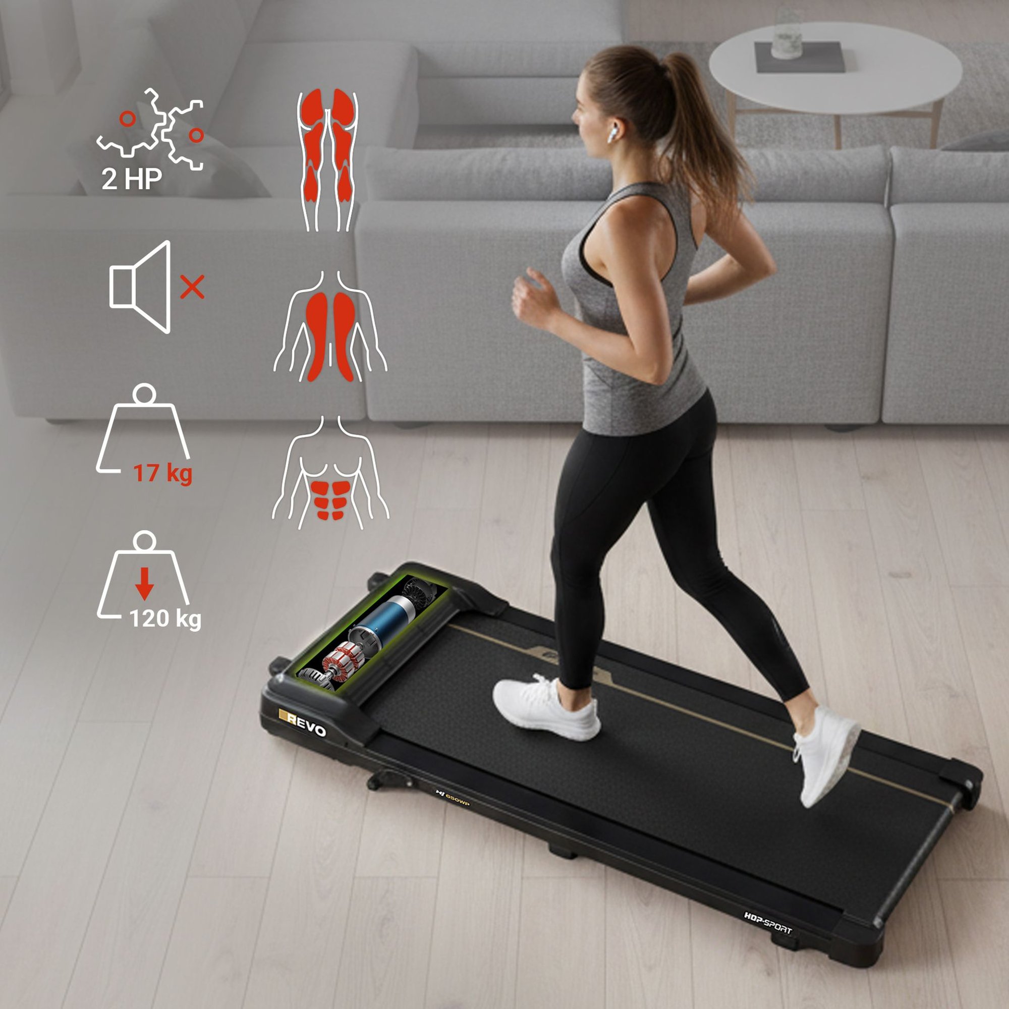 Moteur silencieux et structure robuste supportant jusqu'à 120 kg du tapis de course.