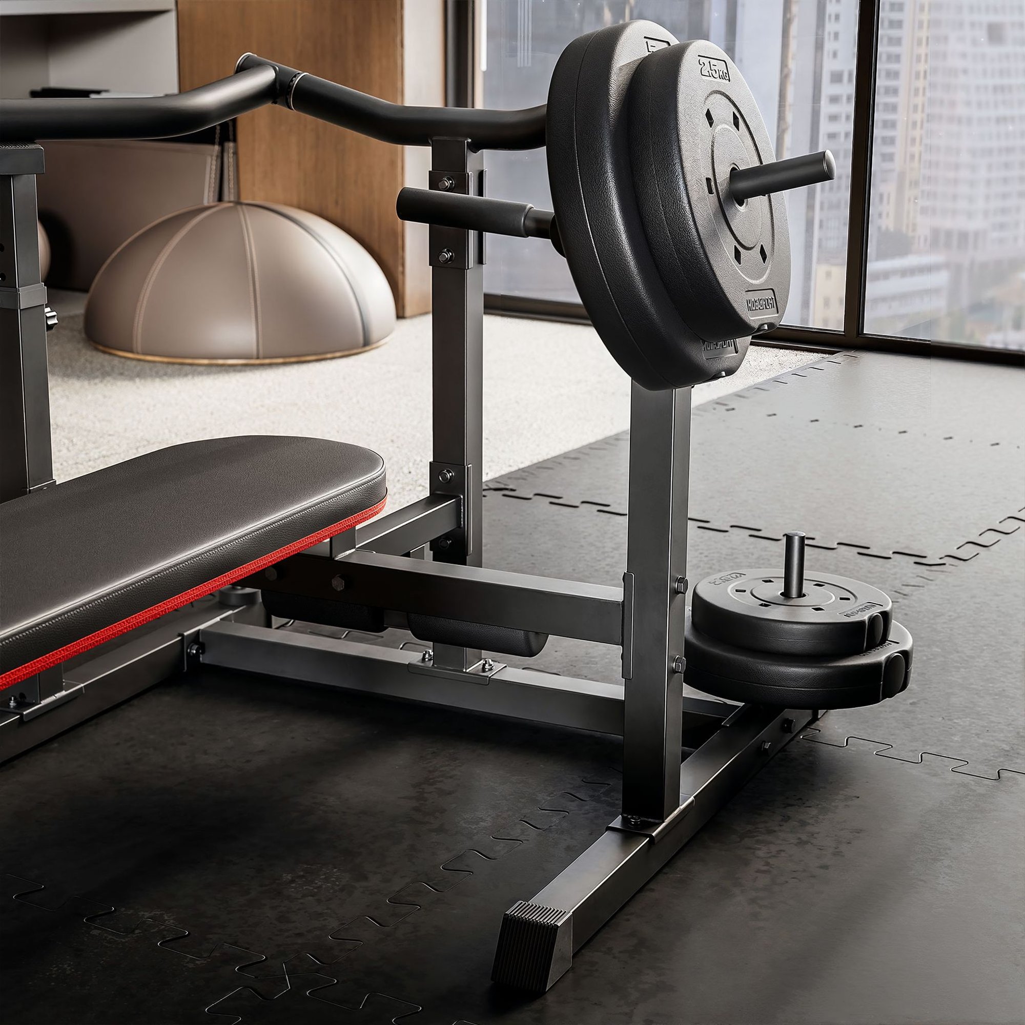 Chandelles de musculation avec supports intégrés pour disques de 30 mm et 50 mm.