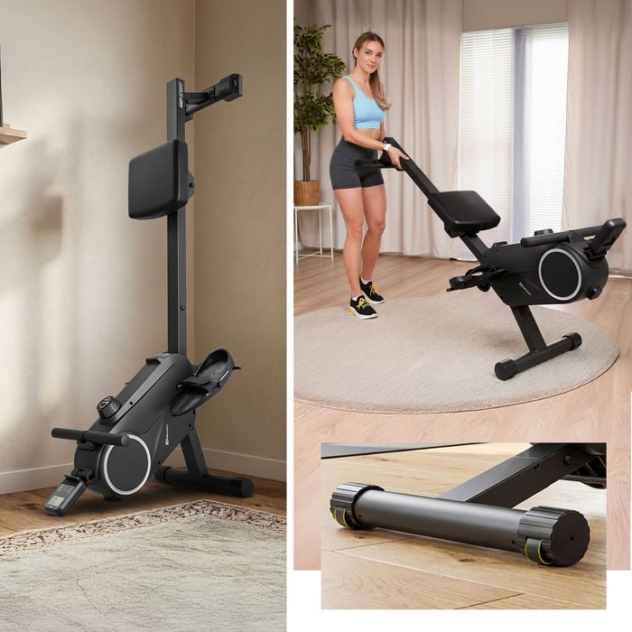 Rameur Creek plié verticalement pour un rangement gain de place avec roulettes de transport.