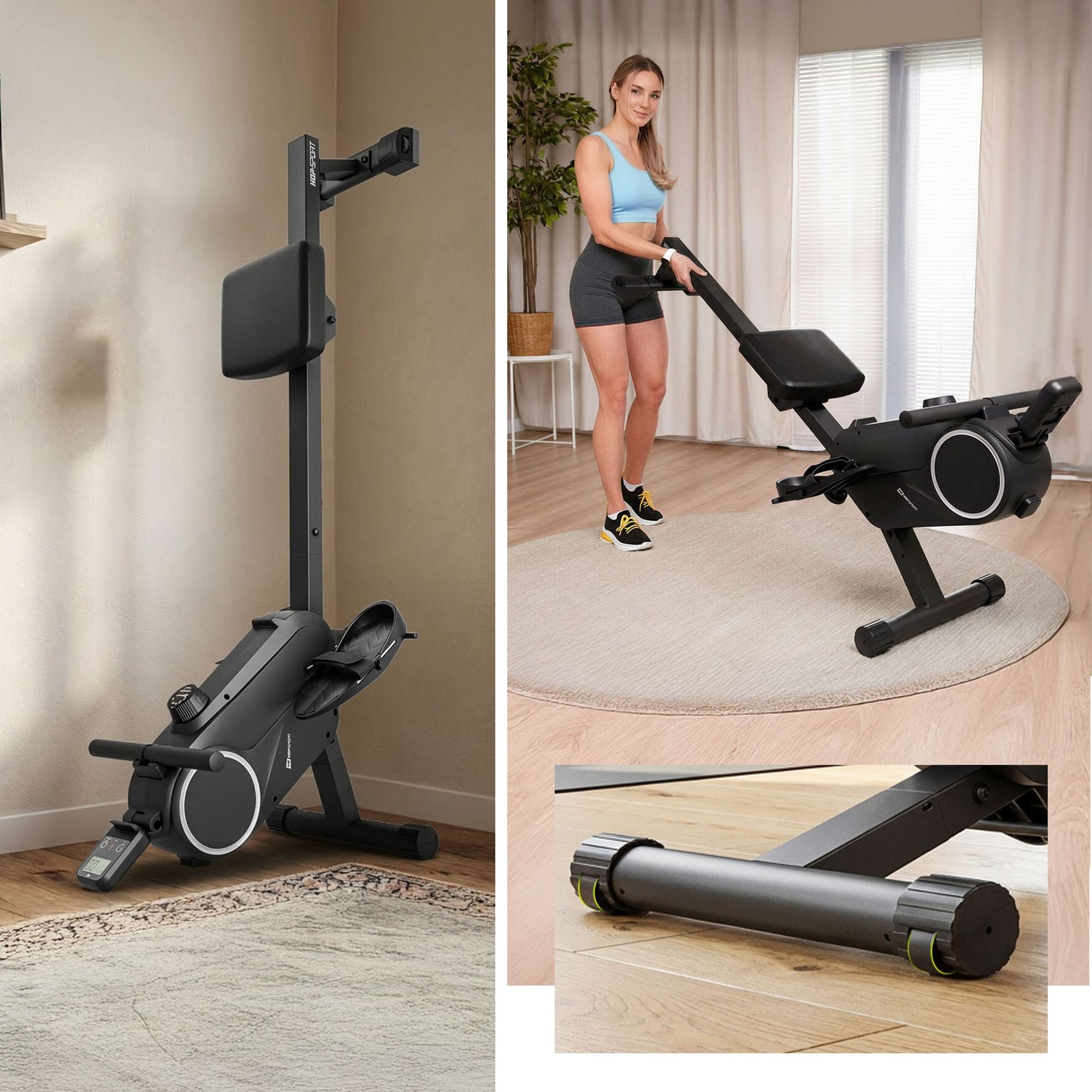 Rameur Creek plié verticalement pour un rangement gain de place avec roulettes de transport.