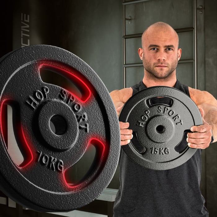 Set de disques de fonte 5 à 20 kg pour musculation, fitness et entraînement de force.