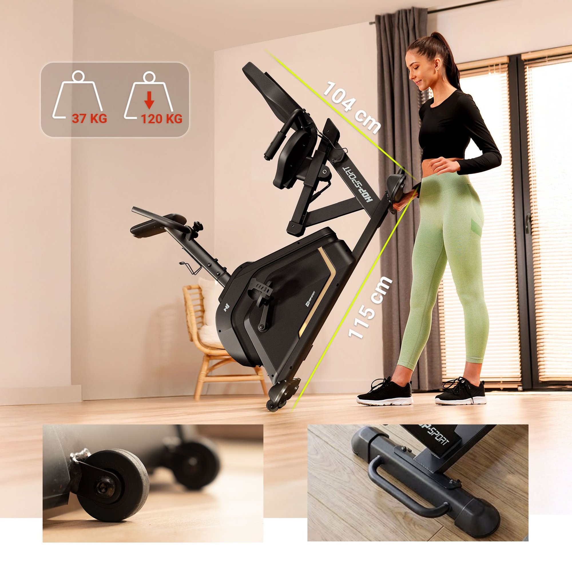 Vélo semi-allongé HS-120L Ravel avec pieds de nivellement réglables et roulettes de transport