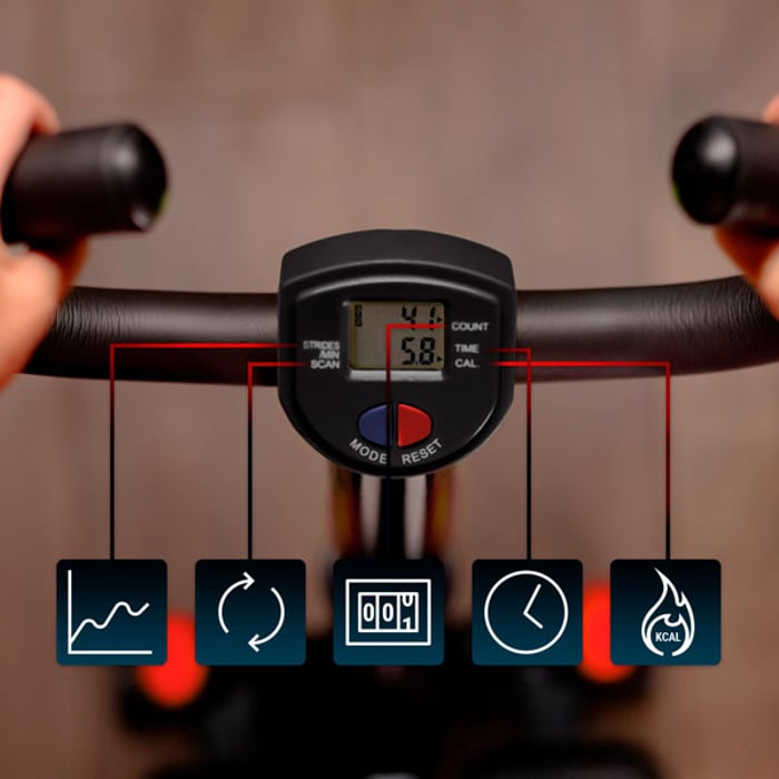 Écran LCD du stepper HS-055S Noble placé sur le guidon, affichant durée, pas, pas par minute et calories brûlées