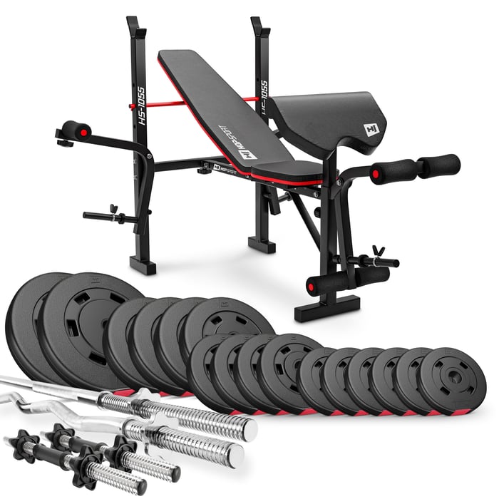 Ensemble complet haltères et disques plastiques Hop-Sport 10 kg, 5 kg, 2,5 kg