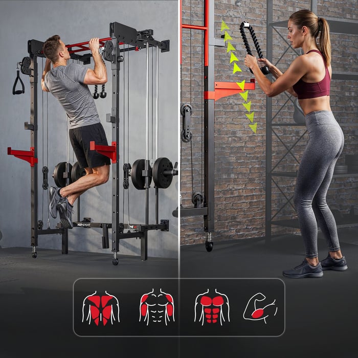 Power Rack mural complet HS-2070K avec double poulie et barre de traction.