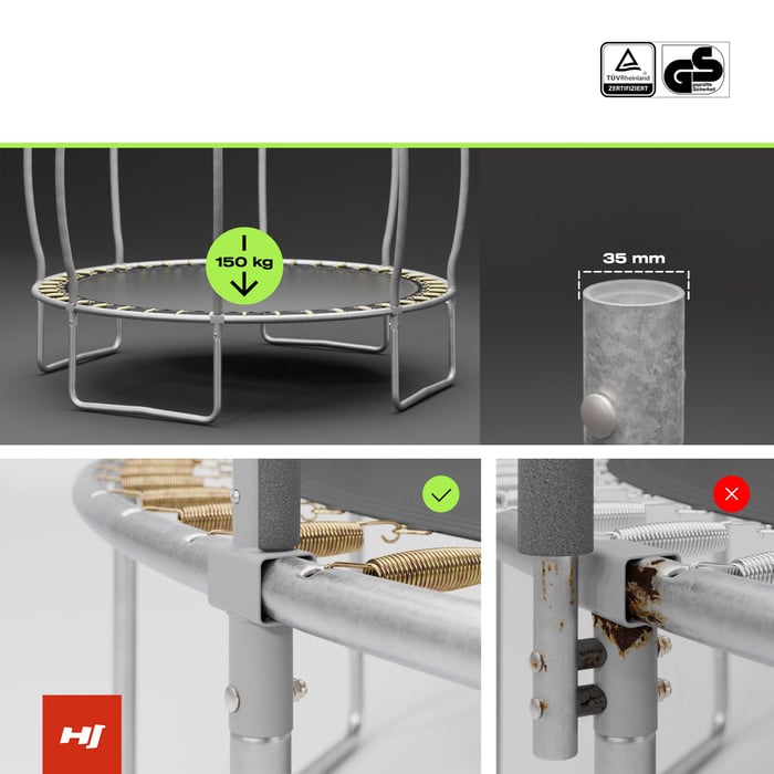 Cadre en acier galvanisé anticorrosion et poteaux rembourrés en mousse EPE du trampoline