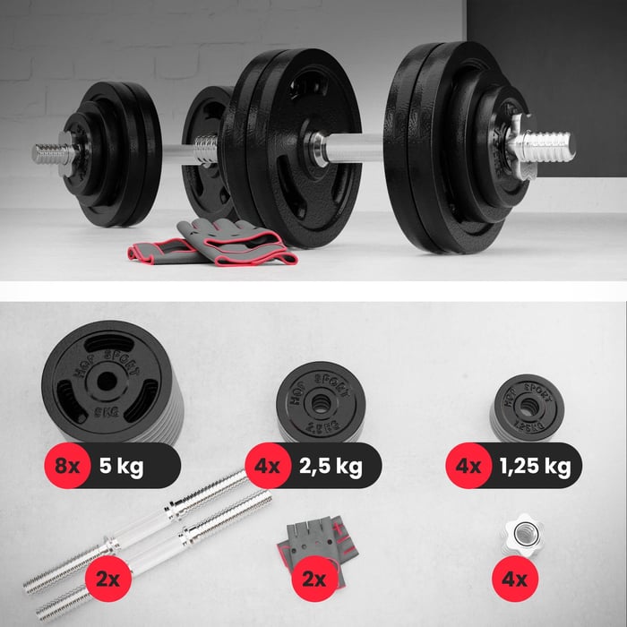 Set haltères 60 kg fonte avec barres filetées 30 mm pour entraînement de musculation intensif