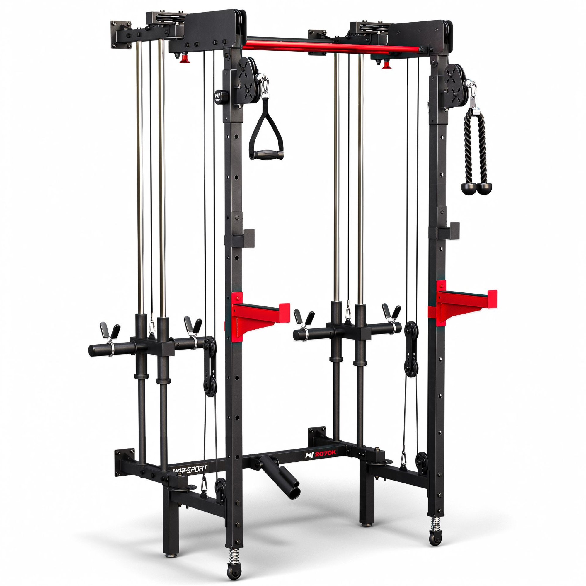 Power Rack avec 11 niveaux de réglage en hauteur et bras de poulie orientables.