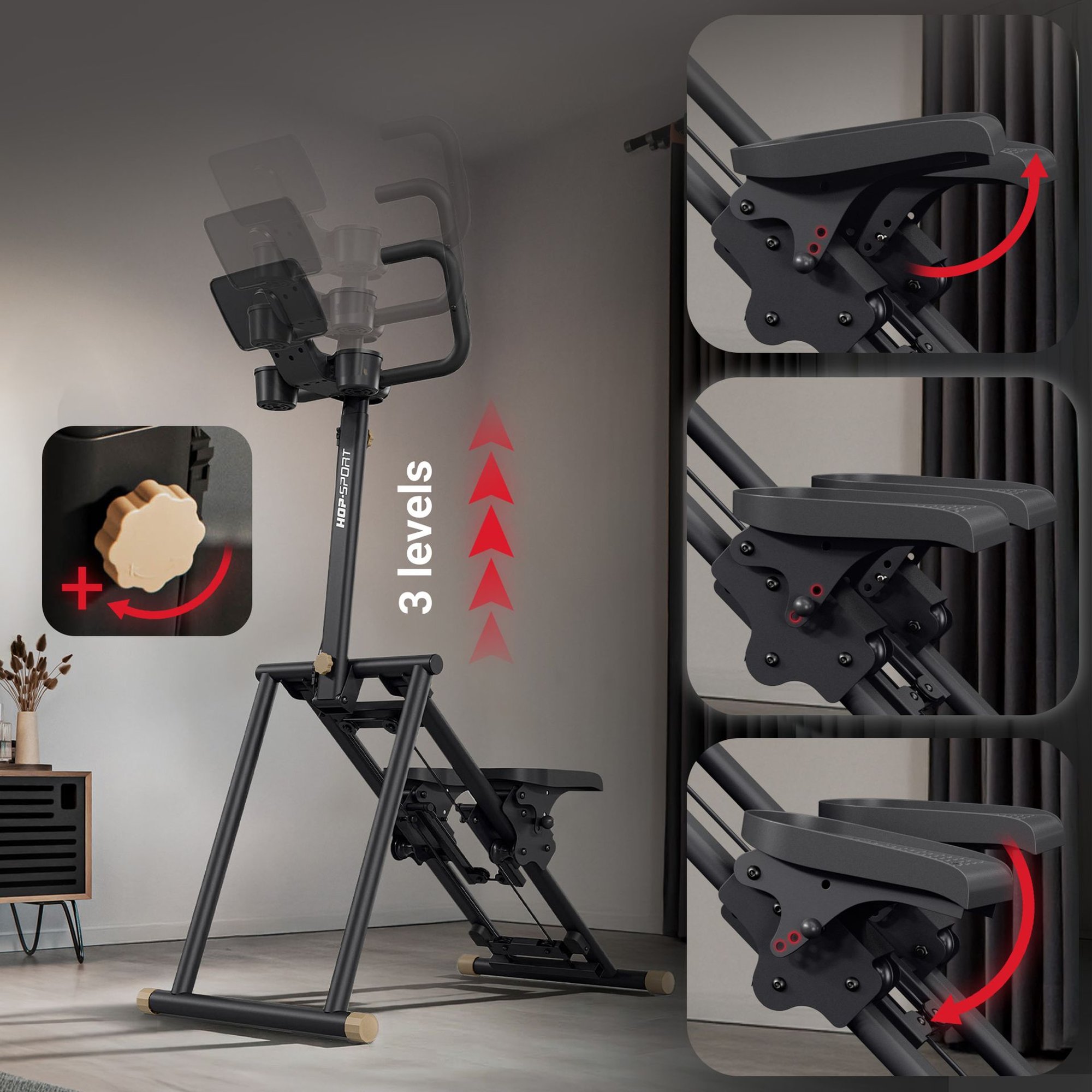 Poignées et pédales antidérapantes réglables du climber.