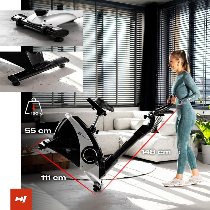 Vélo d’appartement Apollo compact et mobile, équipé de roulettes et de pieds ajustables