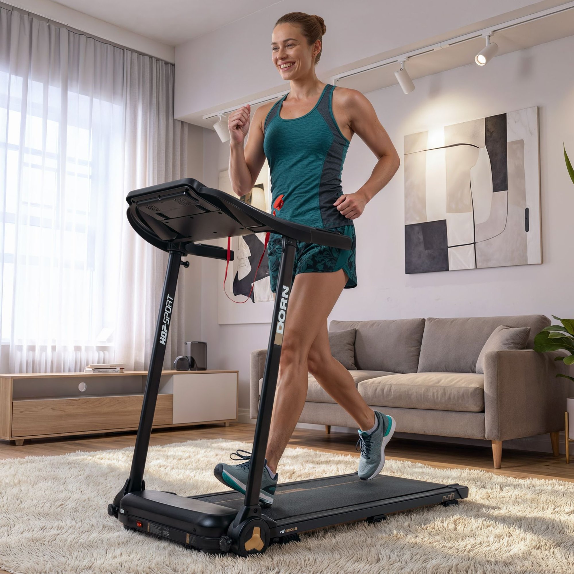 Tapis de course pliable avec roulettes de transport intégrées.