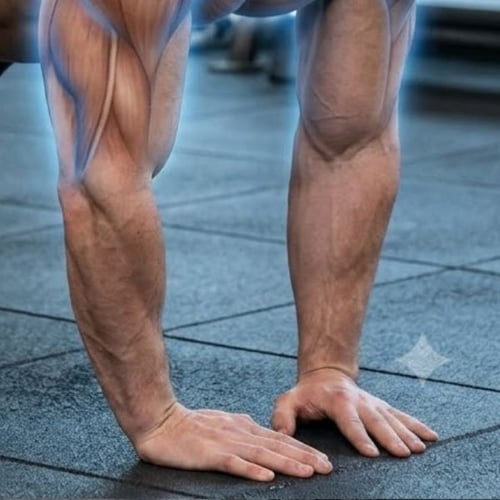 Gros plan sur la position des mains et les muscles sollicités pendant des pompes diamant