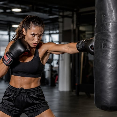 Une femme sportive pratique la boxe en boxant à l'aide de gants de boxe dans un sac de frappe noir suspendu.