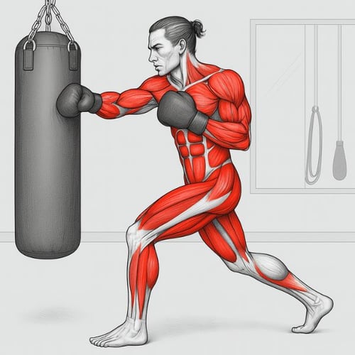 Photo anatomique d'un homme faisant de la boxe avec les muscles sollicités mis en évidence