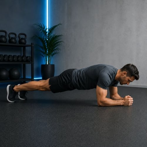 Un homme appuyé sur les coudes est allongé au sol et effectue le meilleur exercice pour les muscles abdominaux : le gainage frontal