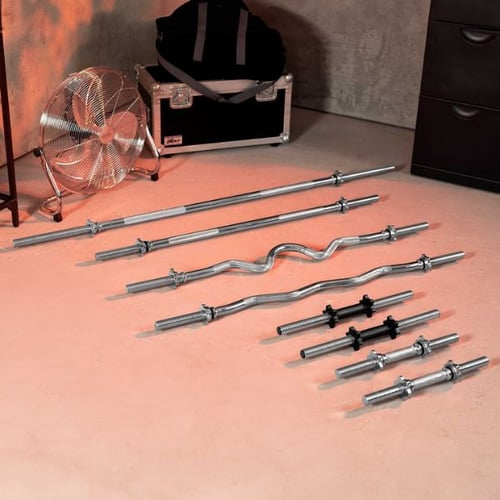 Tous les types de barres de musculation Hop-Sport posées sur le sol