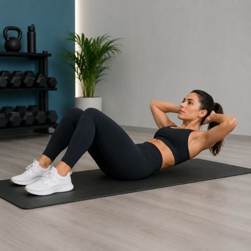 Une femme en tenue de fitness noire effectue des abdominaux allongée sur le dos sur un tapis de sport.