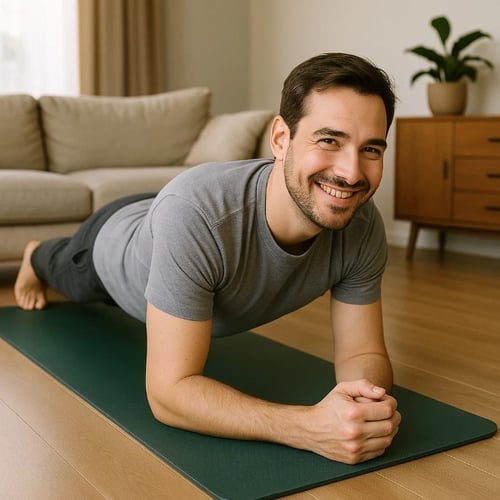 Un homme joyeux fait la planche au sol sur un tapis de sport dans un salon.