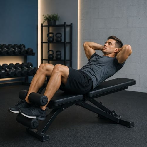 Un homme sportif est assis sur un banc de musculation et effectue des sit-ups en gardant les mains croisées derrière la tête