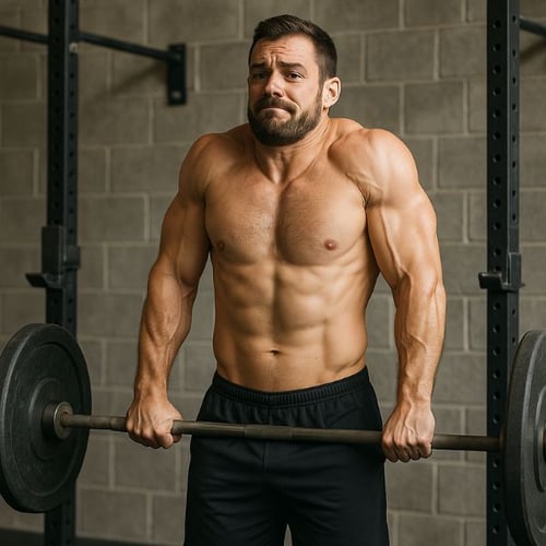 Un homme musclé tient une barre et lève les épaules vers le haut en effectuant des shrug