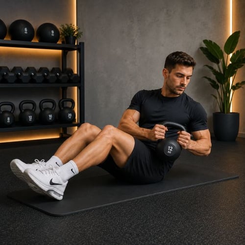 Un homme est assis au sol les jambes relevées et effectue le Russian Twist en tenant un kettlebell dans les mains.