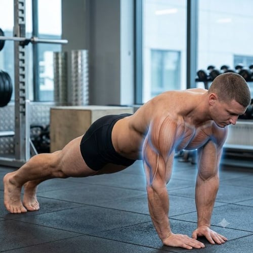 Un homme musclé effectue des pompes diamant, les principaux muscles travaillant pendant cet exercice sont mis en évidence en bleu