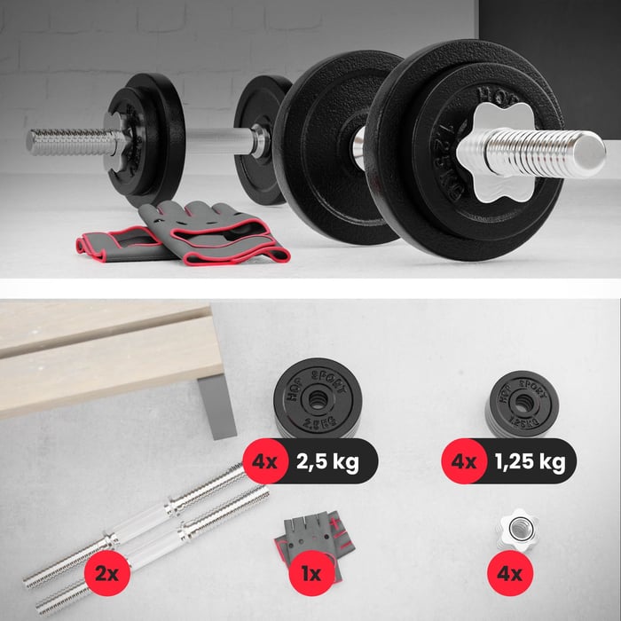Haltères en fonte 20 kg Hop-Sport (2 × 10 kg) avec barres chromées moletées et serrage étoile pour home gym