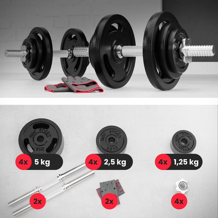 Haltères en fonte 40 kg avec barres chromées moletées et serrage étoile pour musculation à domicile