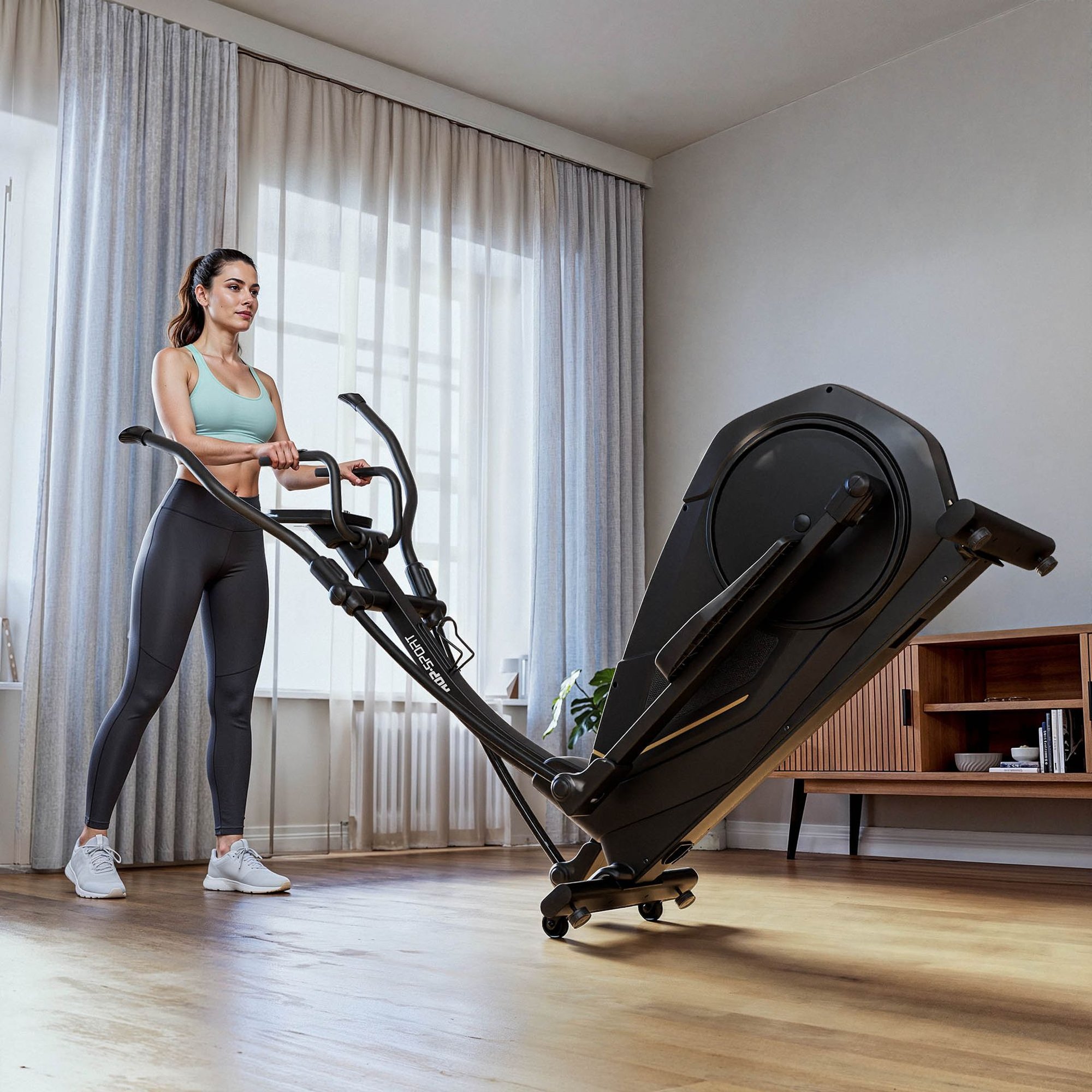 Vélo elliptique avec roulettes de transport pour un déplacement facile.