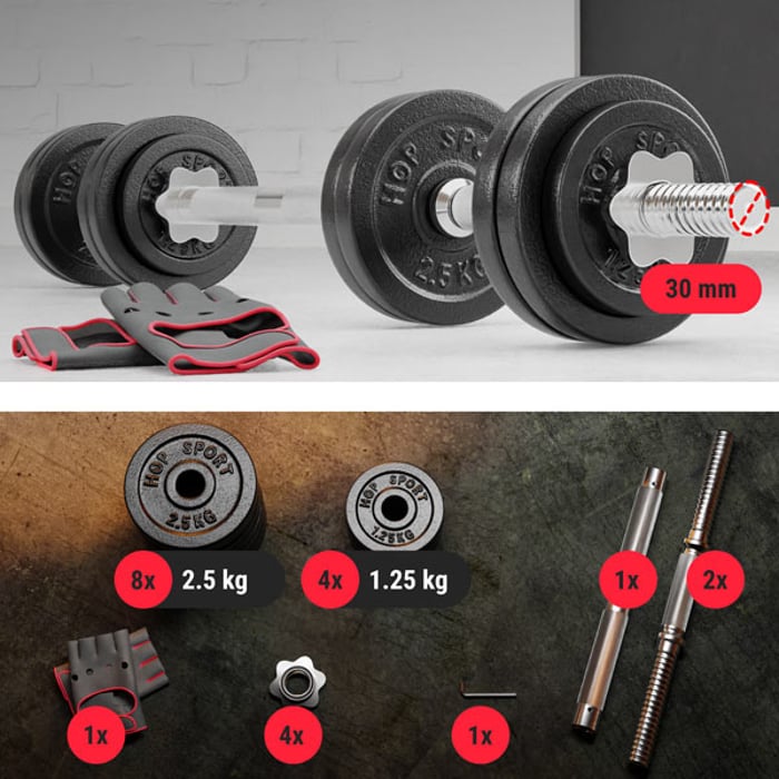 Set d’haltères 2 × 15 kg en fonte avec barre de connexion pour transformer les haltères en barre de musculation longue