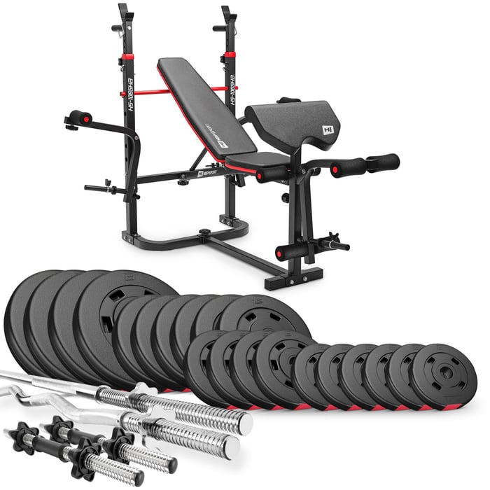 Ensemble complet de musculation Hop-Sport avec banc, barres et disques.