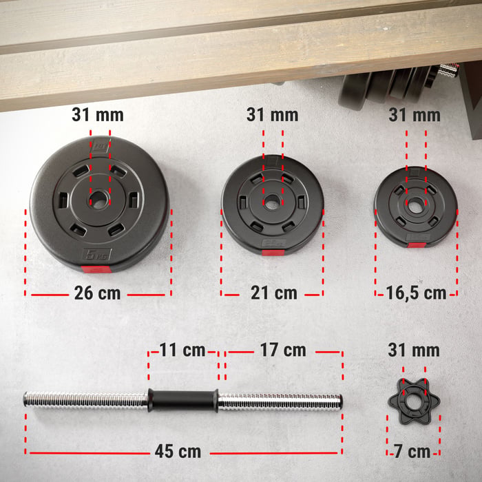 Set d’haltère 1 × 20 kg Hop-Sport avec disques en plastique, barre chromée et fermetures en étoile