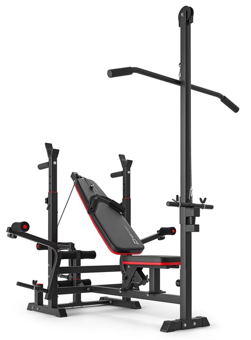 Banc pliable avec poulie haute et robuste en acier avec revêtement noir, idéal pour home gym.