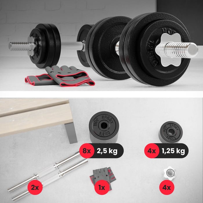 Set d’haltères 2 × 15 kg avec disques en fonte et barres chromées moletées pour entraînement complet à domicile
