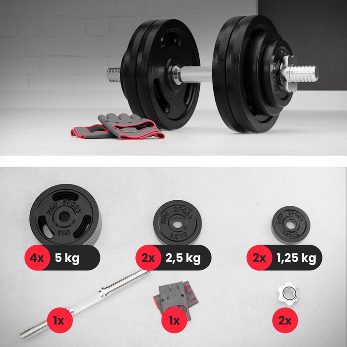 Haltère en fonte 30 kg Hop-Sport avec barre chromée moletée et fermetures étoile, set musculation home gym