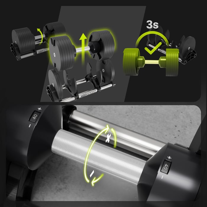 Haltère modulable de 2,2 à 40 kg remplaçant un kit d'haltères complet.