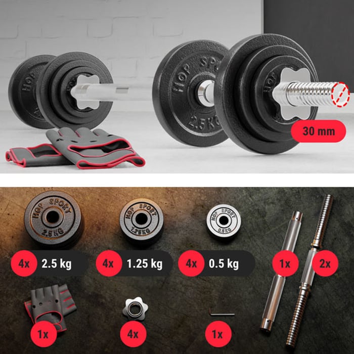 Set d’haltères Hop-Sport 2 × 10 kg avec barre de connexion, disques en fonte et barres chromées moletées