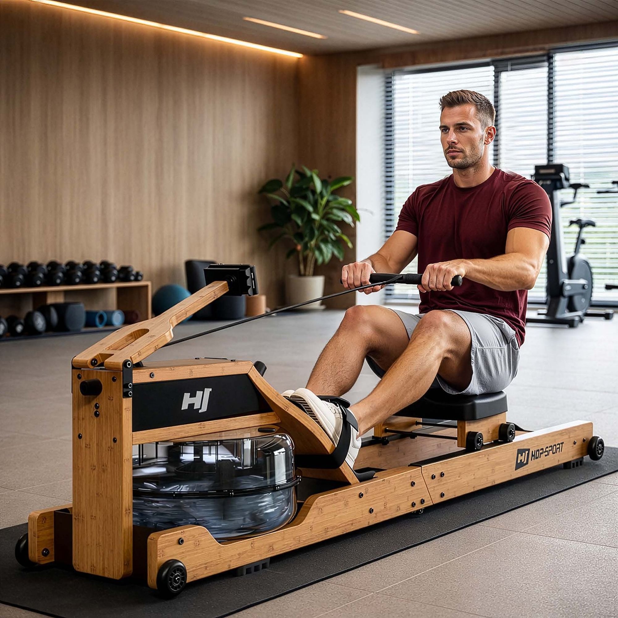 Rameur robuste avec cadre en bois supportant jusqu'à 180 kg.